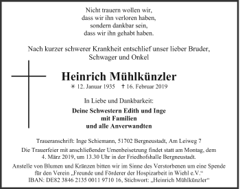 Anzeige von Heinrich Mühlkünzler von  Anzeigen Echo 