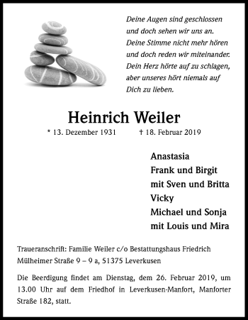 Anzeige von Heinrich Weiler von Kölner Stadt-Anzeiger / Kölnische Rundschau / Express