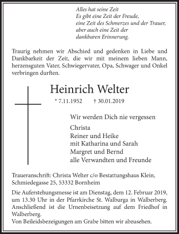 Anzeige von Heinrich Welter von  Schaufenster/Blickpunkt  Schlossbote/Werbekurier 