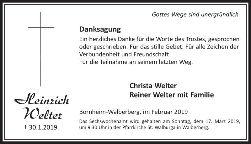  Traueranzeige für Heinrich Welter vom 27.02.2019 aus  Schaufenster/Blickpunkt  Schlossbote/Werbekurier 