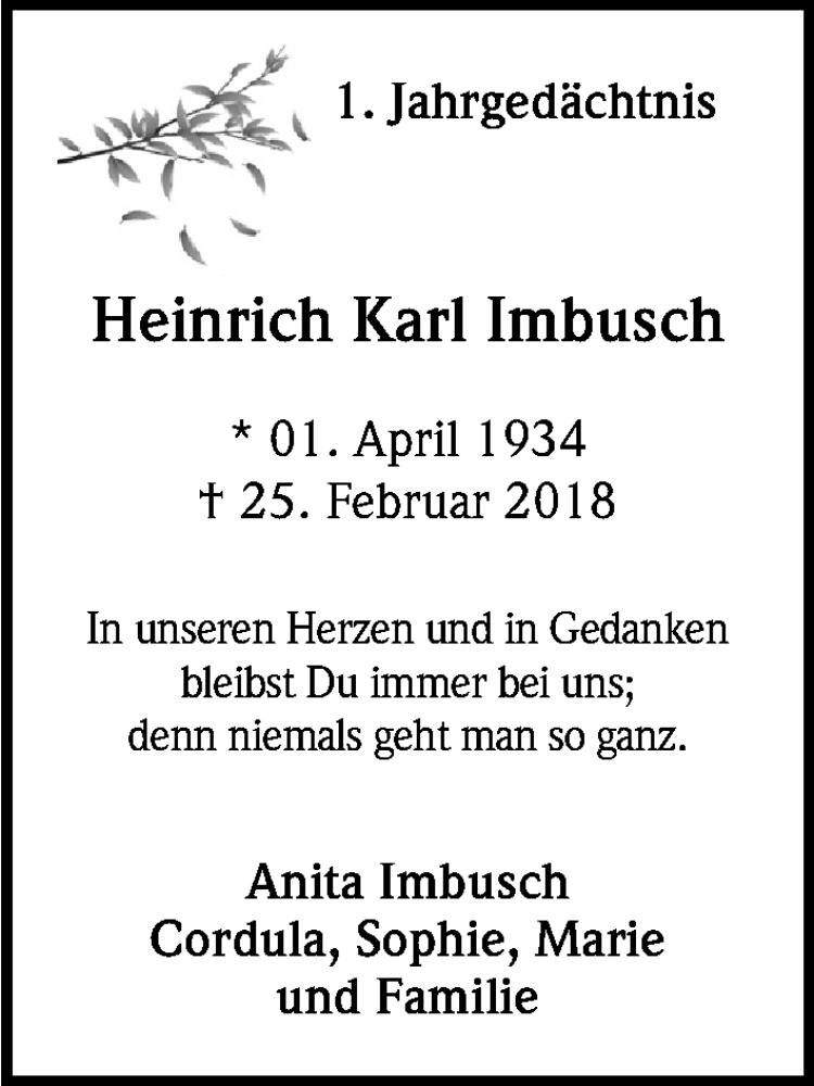  Traueranzeige für Heinrich Karl Imbusch vom 23.02.2019 aus Kölner Stadt-Anzeiger / Kölnische Rundschau / Express