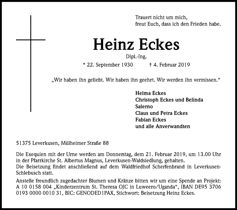  Traueranzeige für Heinz Eckes vom 16.02.2019 aus Kölner Stadt-Anzeiger / Kölnische Rundschau / Express