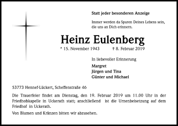Anzeige von Heinz Eulenberg von Kölner Stadt-Anzeiger / Kölnische Rundschau / Express