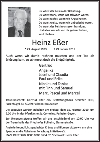 Anzeige von Heinz Eßler von  Sonntags-Post 