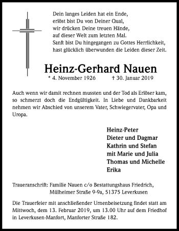 Anzeige von Heinz-Gerhard Nauen von Kölner Stadt-Anzeiger / Kölnische Rundschau / Express
