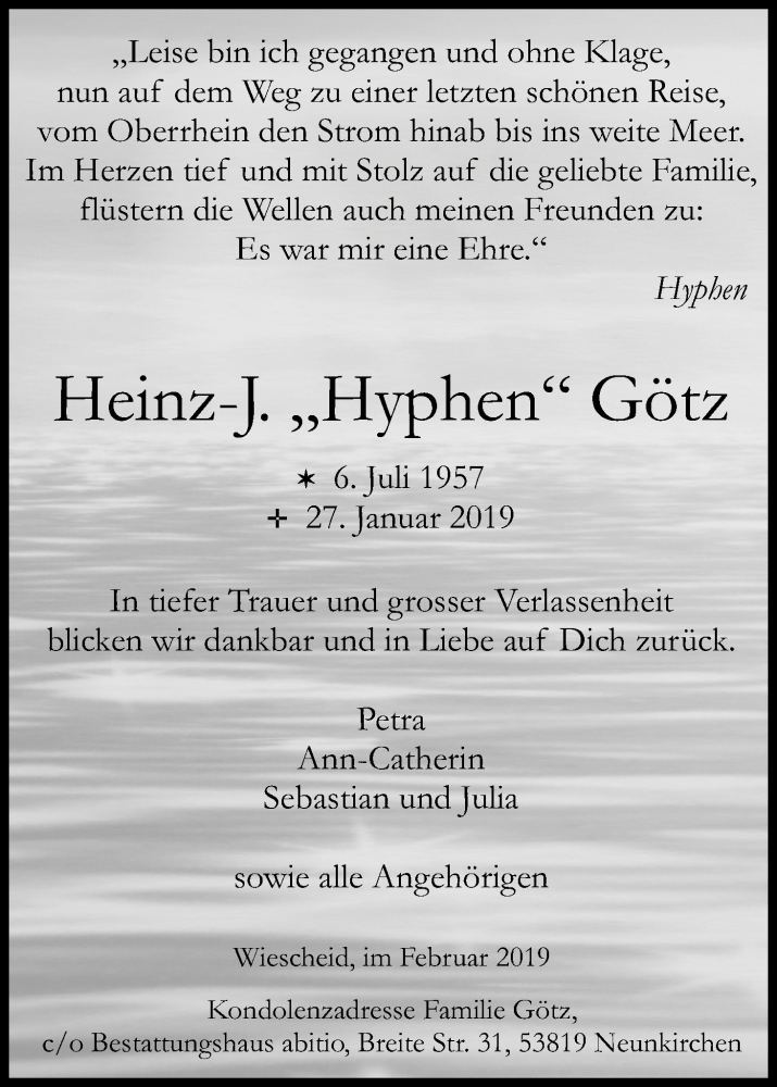  Traueranzeige für Heinz-J. Götz vom 09.02.2019 aus Kölner Stadt-Anzeiger / Kölnische Rundschau / Express