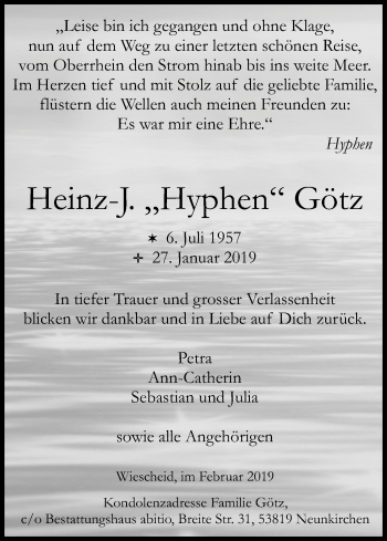 Anzeige von Heinz-J. Götz von Kölner Stadt-Anzeiger / Kölnische Rundschau / Express