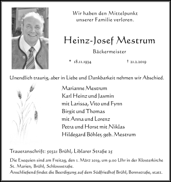 Anzeige von Heinz-Josef Mestrum von Kölner Stadt-Anzeiger / Kölnische Rundschau / Express