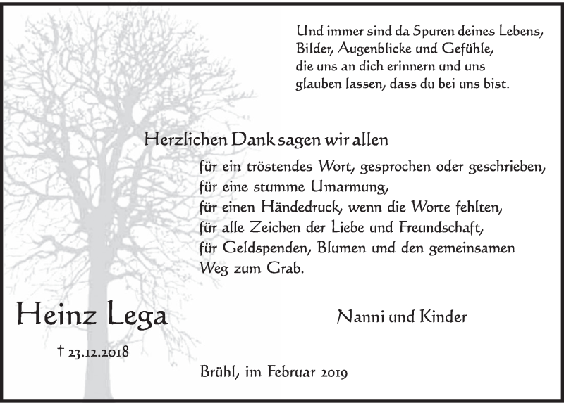  Traueranzeige für Heinz Lega vom 06.02.2019 aus  Schlossbote/Werbekurier 