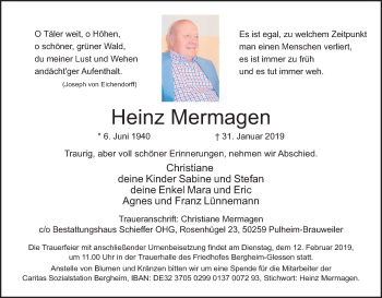 Anzeige von Heinz Mermagen von Kölner Stadt-Anzeiger / Kölnische Rundschau / Express