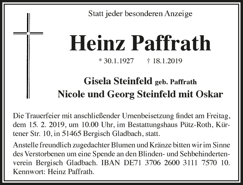  Traueranzeige für Heinz Paffrath vom 13.02.2019 aus  Bergisches Handelsblatt 