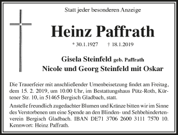 Anzeige von Heinz Paffrath von  Bergisches Handelsblatt 