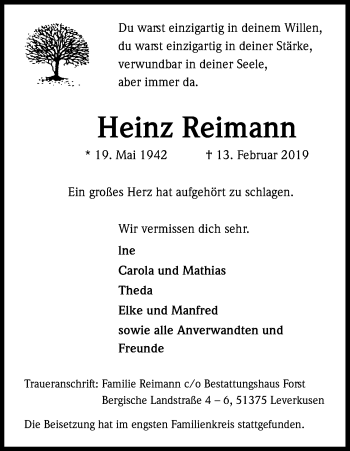 Anzeige von Heinz Reimann von Kölner Stadt-Anzeiger / Kölnische Rundschau / Express