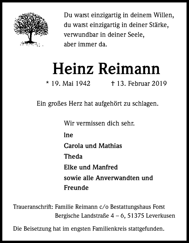  Traueranzeige für Heinz Reimann vom 23.02.2019 aus Kölner Stadt-Anzeiger / Kölnische Rundschau / Express