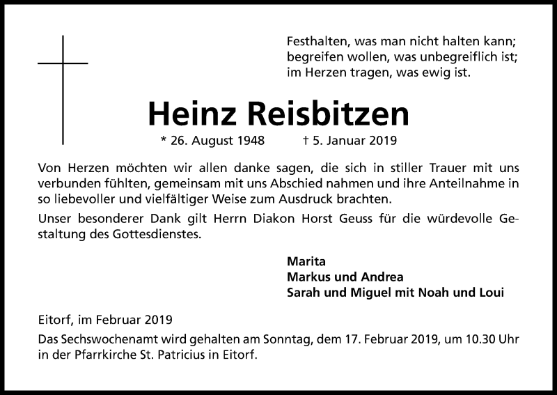  Traueranzeige für Heinz Reisbitzen vom 09.02.2019 aus Kölner Stadt-Anzeiger / Kölnische Rundschau / Express