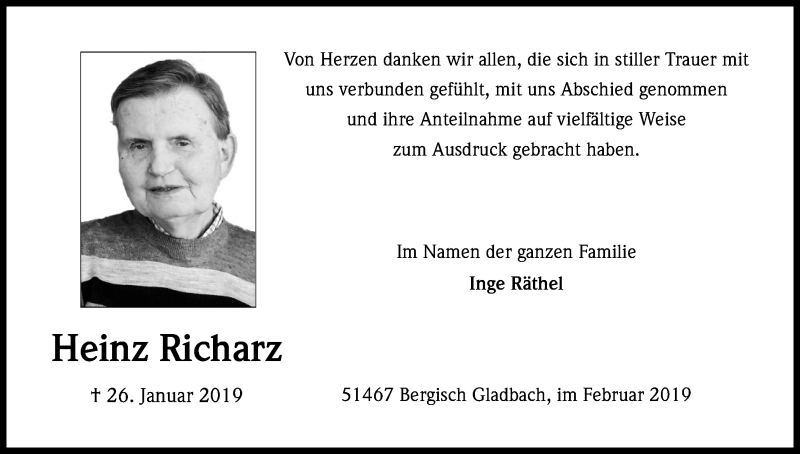  Traueranzeige für Heinz Richarz vom 23.02.2019 aus Kölner Stadt-Anzeiger / Kölnische Rundschau / Express