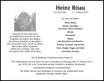 Anzeige von Heinz Risau von Kölner Stadt-Anzeiger / Kölnische Rundschau / Express