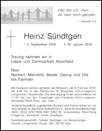 Anzeige von Heinz Sündtgen von Kölner Stadt-Anzeiger / Kölnische Rundschau / Express