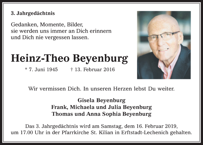  Traueranzeige für Heinz-Theo Beyenburg vom 13.02.2019 aus  Werbepost 