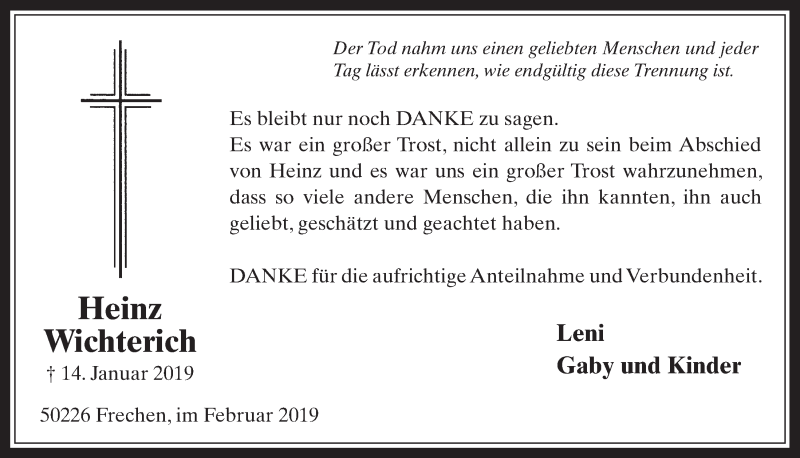  Traueranzeige für Heinz Wichterich vom 20.02.2019 aus  Wochenende 