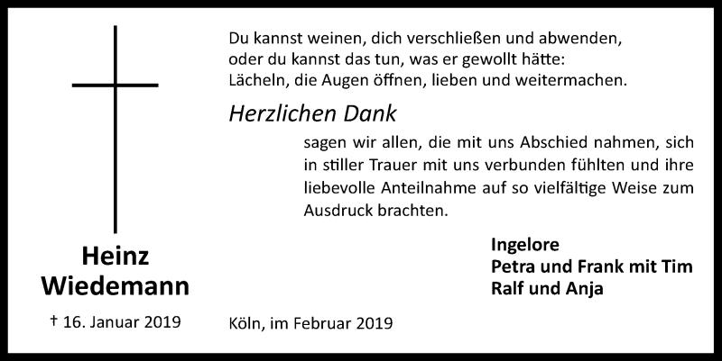  Traueranzeige für Heinz Wiedemann vom 13.02.2019 aus  Kölner Wochenspiegel 