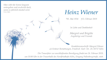 Anzeige von Heinz Wiener von Kölner Stadt-Anzeiger / Kölnische Rundschau / Express