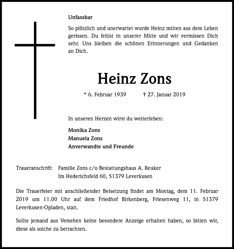  Traueranzeige für Heinz Zons vom 06.02.2019 aus Kölner Stadt-Anzeiger / Kölnische Rundschau / Express