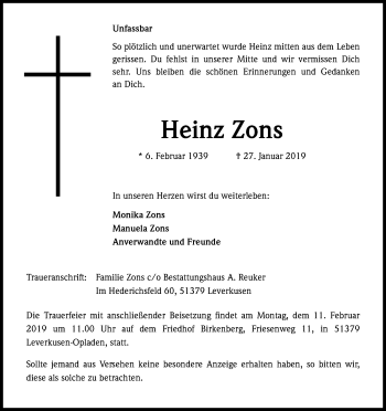 Anzeige von Heinz Zons von Kölner Stadt-Anzeiger / Kölnische Rundschau / Express