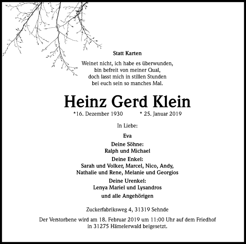  Traueranzeige für Heinz Gerd Klein vom 09.02.2019 aus Kölner Stadt-Anzeiger / Kölnische Rundschau / Express