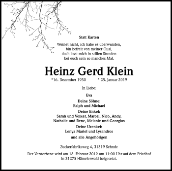 Anzeige von Heinz Gerd Klein von Kölner Stadt-Anzeiger / Kölnische Rundschau / Express