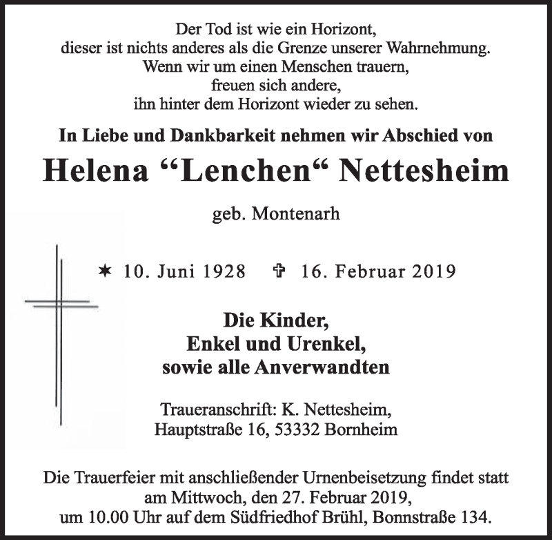  Traueranzeige für Helena Nettesheim vom 20.02.2019 aus  Schlossbote/Werbekurier 