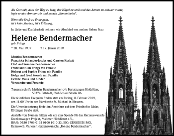 Anzeige von Helene Bendermacher von Kölner Stadt-Anzeiger / Kölnische Rundschau / Express