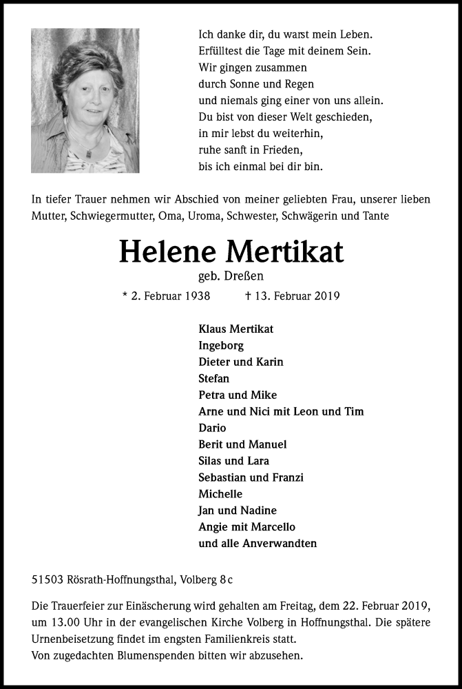  Traueranzeige für Helene Mertikat vom 16.02.2019 aus Kölner Stadt-Anzeiger / Kölnische Rundschau / Express