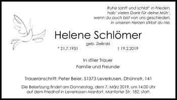 Anzeige von Helene Schlömer von Kölner Stadt-Anzeiger / Kölnische Rundschau / Express