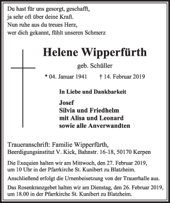 Anzeige von Helene Wipperfürth von  Sonntags-Post 