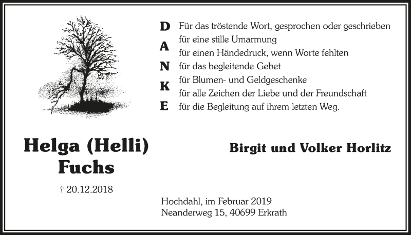  Traueranzeige für Helga Fuchs vom 13.02.2019 aus  Lokalanzeiger 