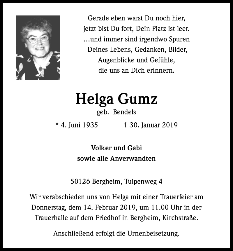  Traueranzeige für Helga Gumz vom 09.02.2019 aus Kölner Stadt-Anzeiger / Kölnische Rundschau / Express