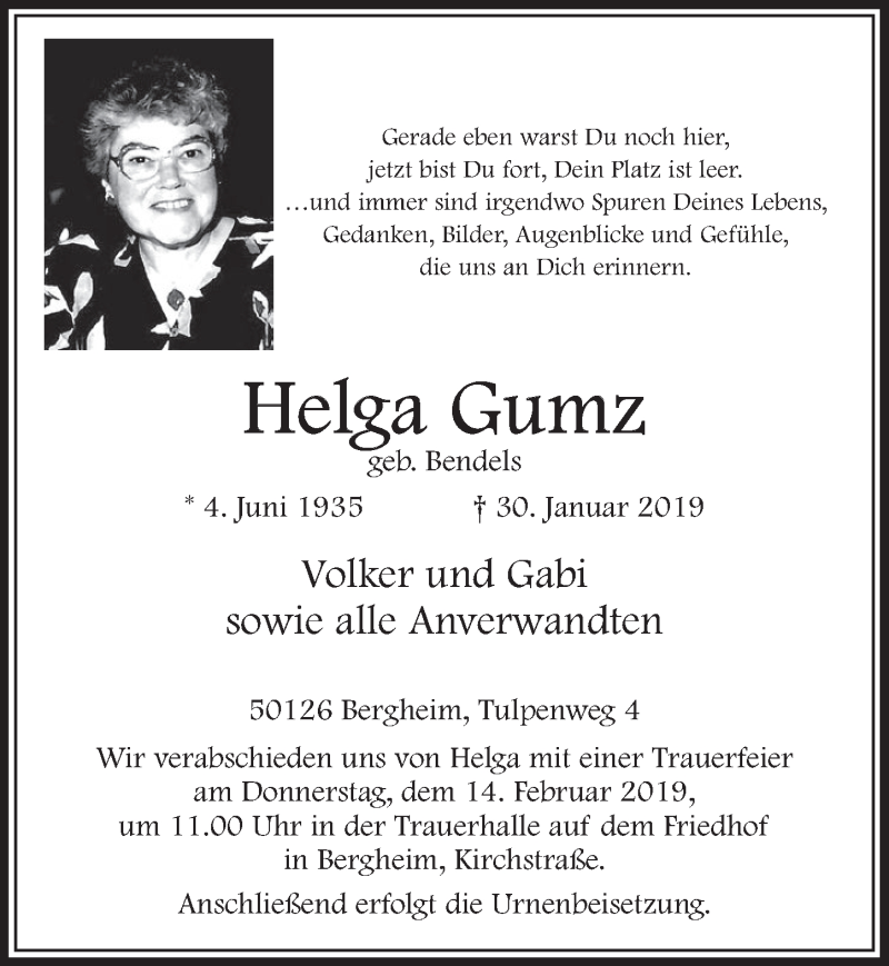  Traueranzeige für Helga Gumz vom 09.02.2019 aus  Sonntags-Post 