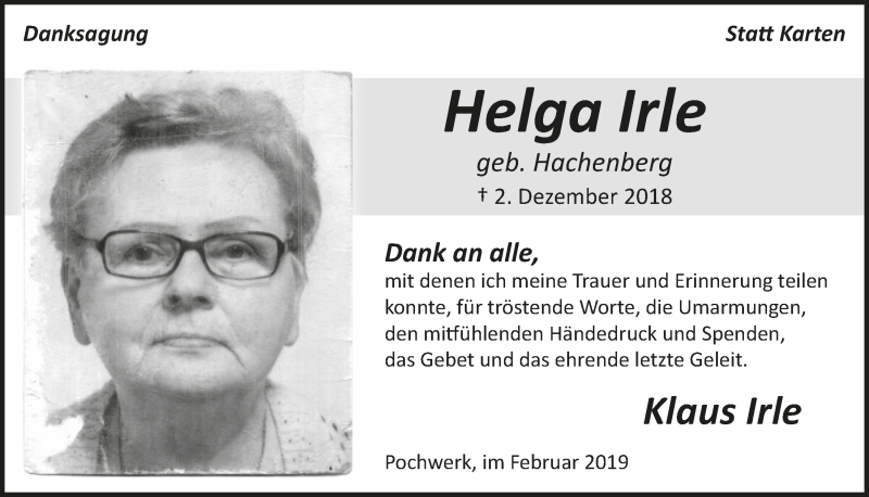  Traueranzeige für Helga Irle vom 13.02.2019 aus  Anzeigen Echo 