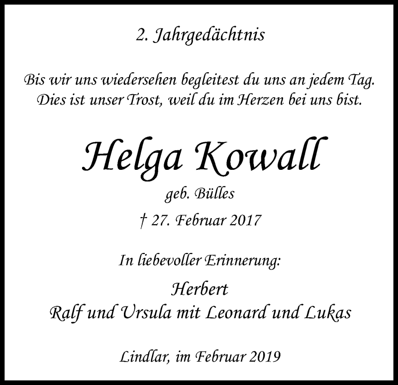  Traueranzeige für Helga Kowall vom 27.02.2019 aus Kölner Stadt-Anzeiger / Kölnische Rundschau / Express
