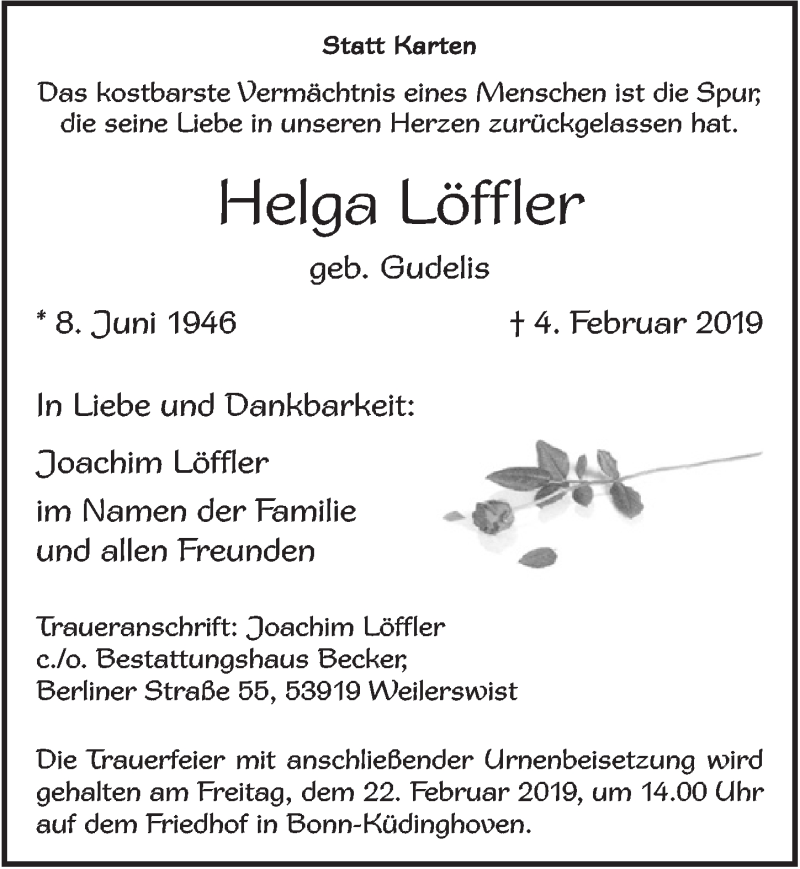  Traueranzeige für Helga Löffler vom 09.02.2019 aus  Blickpunkt Euskirchen 