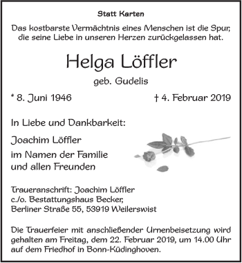 Anzeige von Helga Löffler von  Blickpunkt Euskirchen 