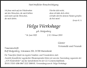 Anzeige von Helga Werkshage von  Anzeigen Echo 