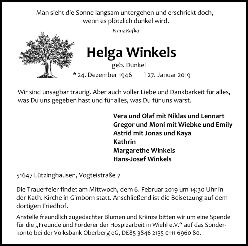  Traueranzeige für Helga Winkels vom 05.02.2019 aus Kölner Stadt-Anzeiger / Kölnische Rundschau / Express
