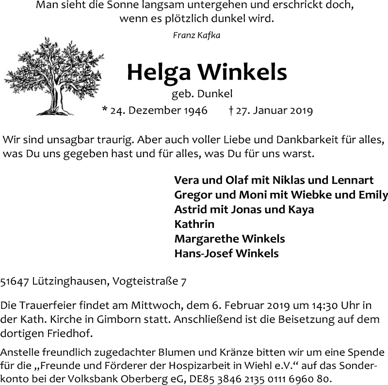  Traueranzeige für Helga Winkels vom 02.02.2019 aus Kölner Stadt-Anzeiger / Kölnische Rundschau / Express