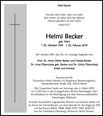 Anzeige von Helmi Becker von Kölner Stadt-Anzeiger / Kölnische Rundschau / Express