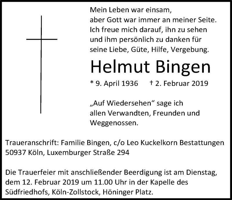  Traueranzeige für Helmut Bingen vom 09.02.2019 aus Kölner Stadt-Anzeiger / Kölnische Rundschau / Express