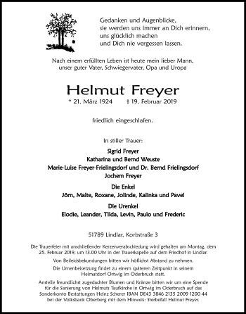 Anzeige von Helmut Freyer von Kölner Stadt-Anzeiger / Kölnische Rundschau / Express