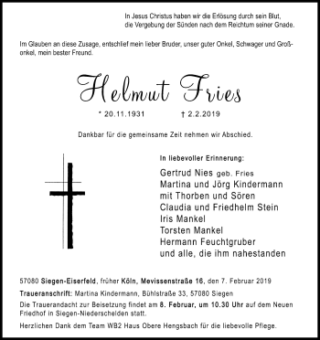 Anzeige von Helmut Fries von Kölner Stadt-Anzeiger / Kölnische Rundschau / Express