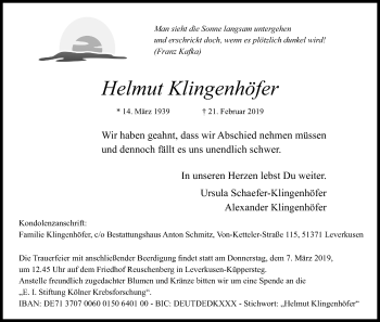 Anzeige von Helmut Klingenhöfer von Kölner Stadt-Anzeiger / Kölnische Rundschau / Express